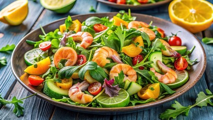 A vibrant mixed green salad with succulent shrimp and prawns, topped with a citrus vinaigrette dressing and garnished with fresh herbs , vegetables, meal prep