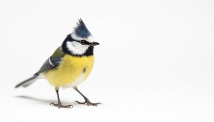 Fototapeta premium Small crested tit, sharp focus, pure white backdrop , wild bird, winter, wildlife