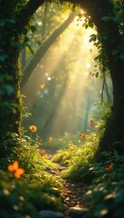 Fototapeta premium Enchanted Forest Path with Sunbeams, Flowers and Butterflies
