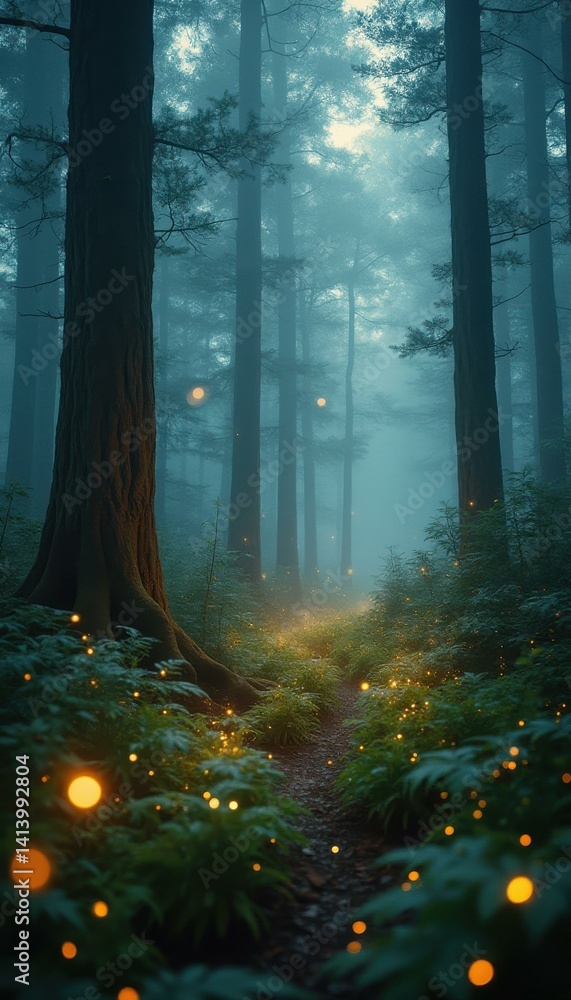 Poster enchanted forest path with glowing lights and misty trees creates a magical and dreamy woodland atmo