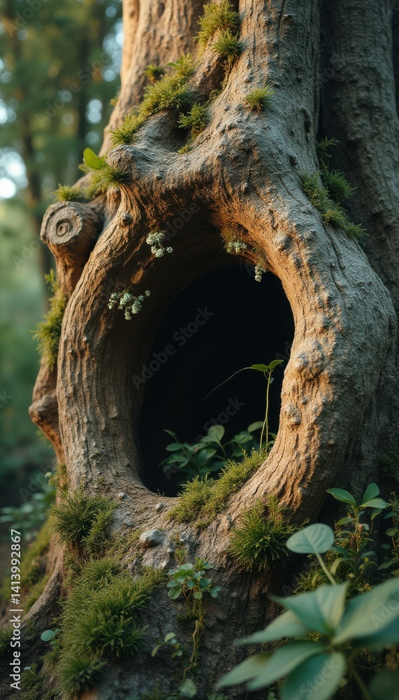 Poster ancient tree trunk home covered in moss and small plants, showing a dark hollow entrance in a forest