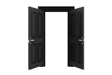 a pair of open black doors set against a white background symbolizing opportunity transition or entry into a new space