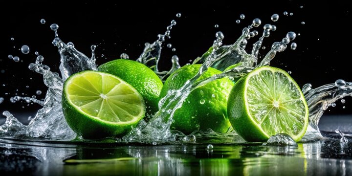 Fresh green limes submerged in crystal clear water droplets on a dark black background, creating a mesmerizing splash effect , kitchen props, black background