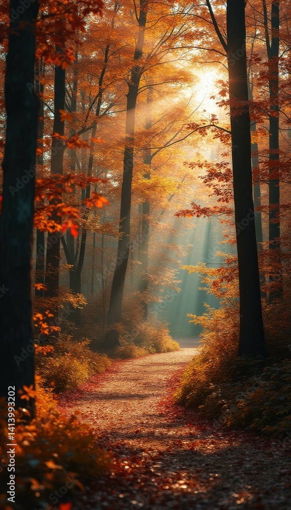 Poster sunlit forest path in autumn with vibrant orange leaves and sunbeams shining through the trees