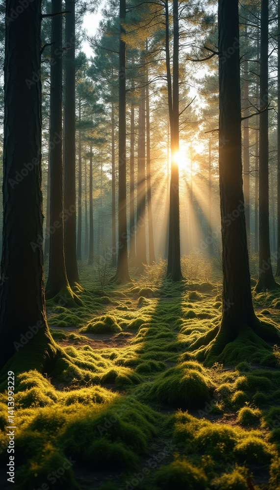 Poster Sunlit Forest Floor with Mossy Ground and Sun Rays Streaming Through Tall Trees Creating a Magical Atmosphere