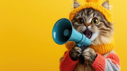 A charming, fluffy cat in a funny, stylish costume, holding a megaphone. Its wide eyes and slightly open mouth suggest it's ready to speak or get attention. 