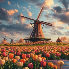 Mesmerizing landscape of vibrant tulip fields with traditional windmills, blending the ethereal beauty of nature with the ingenuity of windmill technology