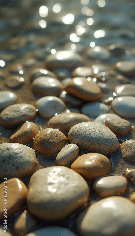 Poster smooth stones in shallow water with sparkling reflections, creating a calming and serene natural sce