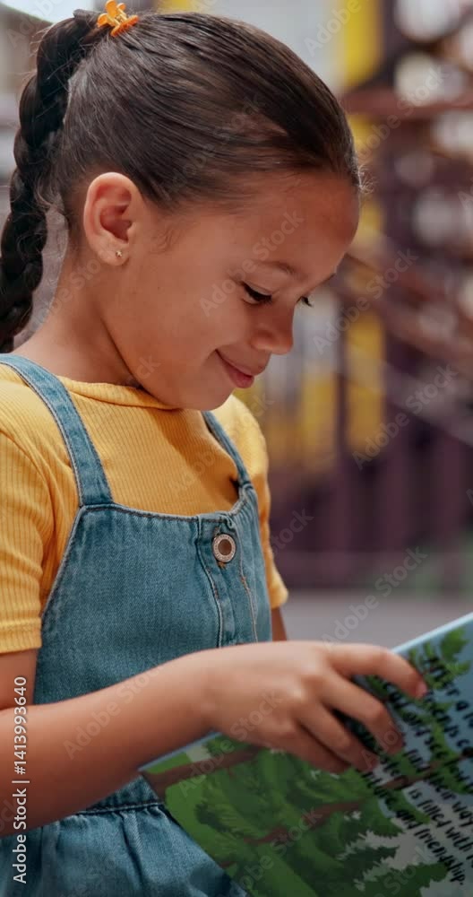 Aufkleber Smile, child and student with reading book in library for knowledge, fantasy story and language development. Kid, novel and study for academic growth, research and literature information of education