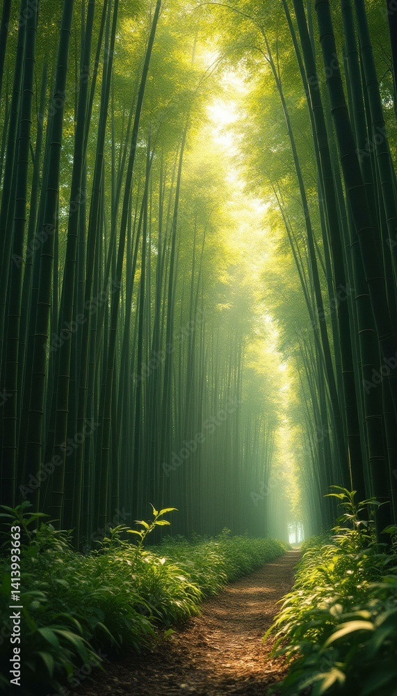 Aufkleber Serene bamboo forest path with dappled sunlight creating a tranquil atmosphere ideal for mindfulness practices.