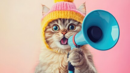 A fluffy cat dressed in a humorous costume holds a megaphone, eyes wide and mouth slightly open, ready to speak or grab attention. The bright, cheerful background amplifies its playful personality.