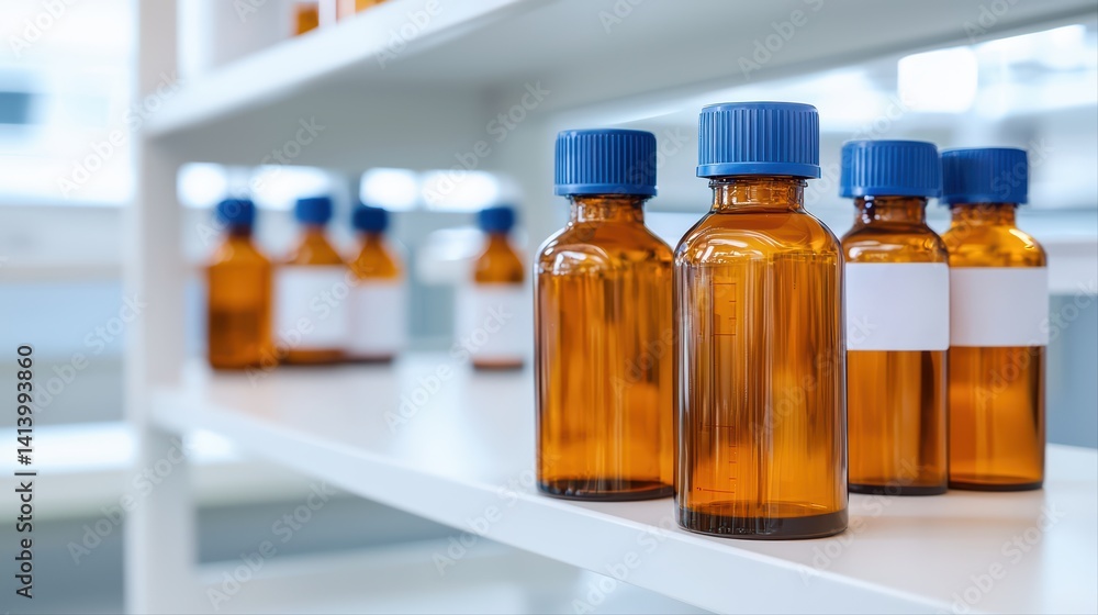 Poster glass bottles on shelf filled with liquid in laboratory setting