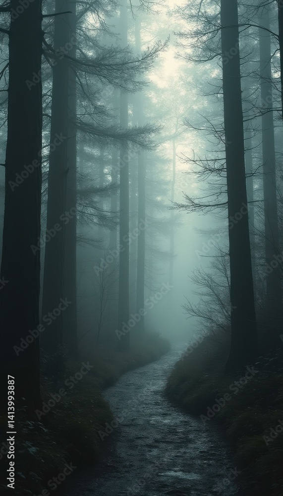 Poster eerie path winding through a dense, misty forest with towering trees and a mysterious, dreamlike atm