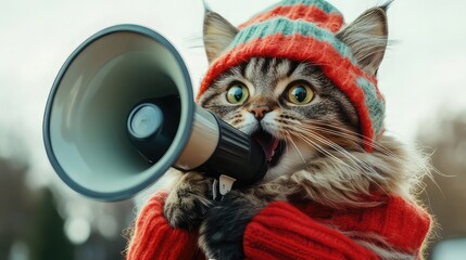 This playful, fluffy cat, dressed in a funny and stylish costume, holds a megaphone, its eyes wide open and mouth slightly ajar, as if calling for attention. 