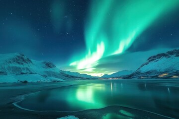 Naklejka premium Stunning aurora borealis dances over peaceful snowy scenery, inspiring nature lovers and adventurers to explore the enchanting wonders of the great outdoors