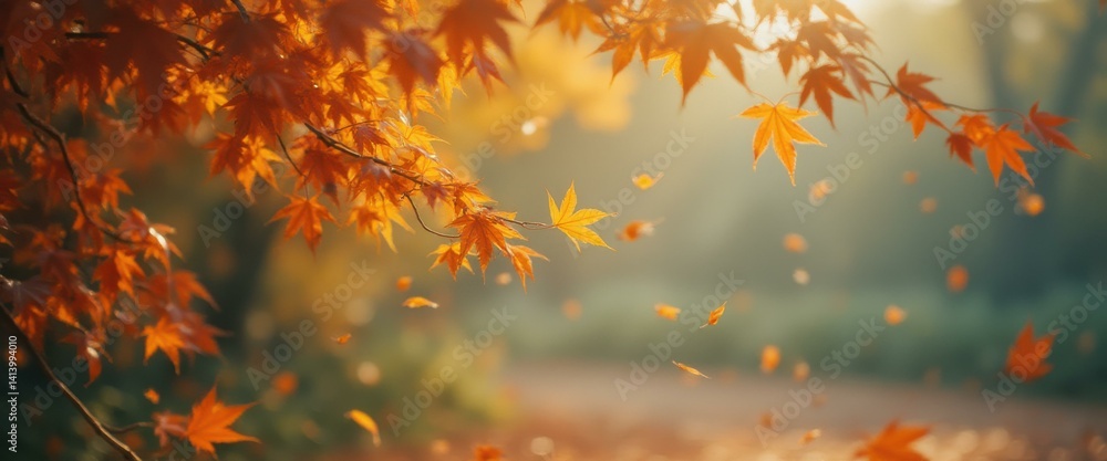 Poster golden autumn leaves falling gently in a park, creating a serene and picturesque scene with sunlight