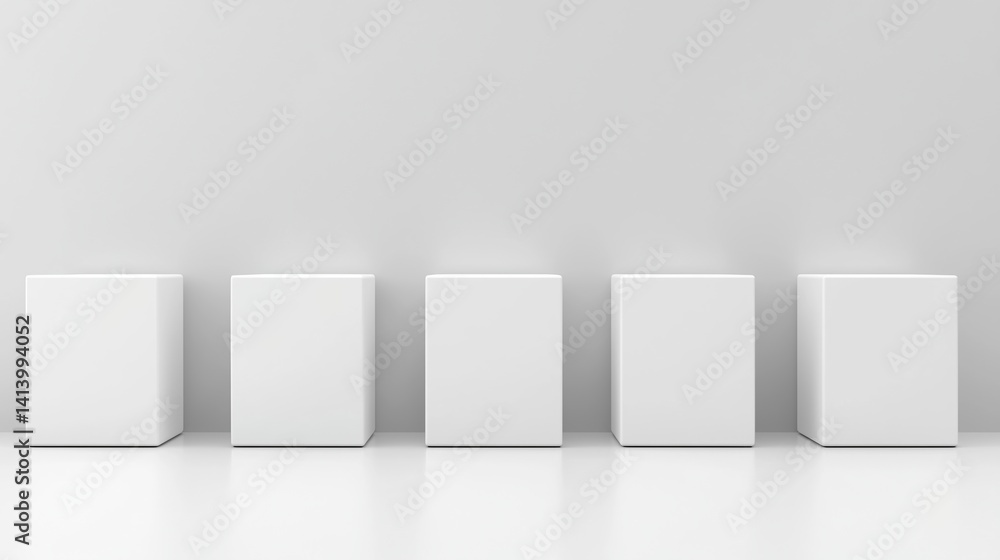 Poster minimalist display of five uniform white cubes against a plain wall, creating a clean and modern aes