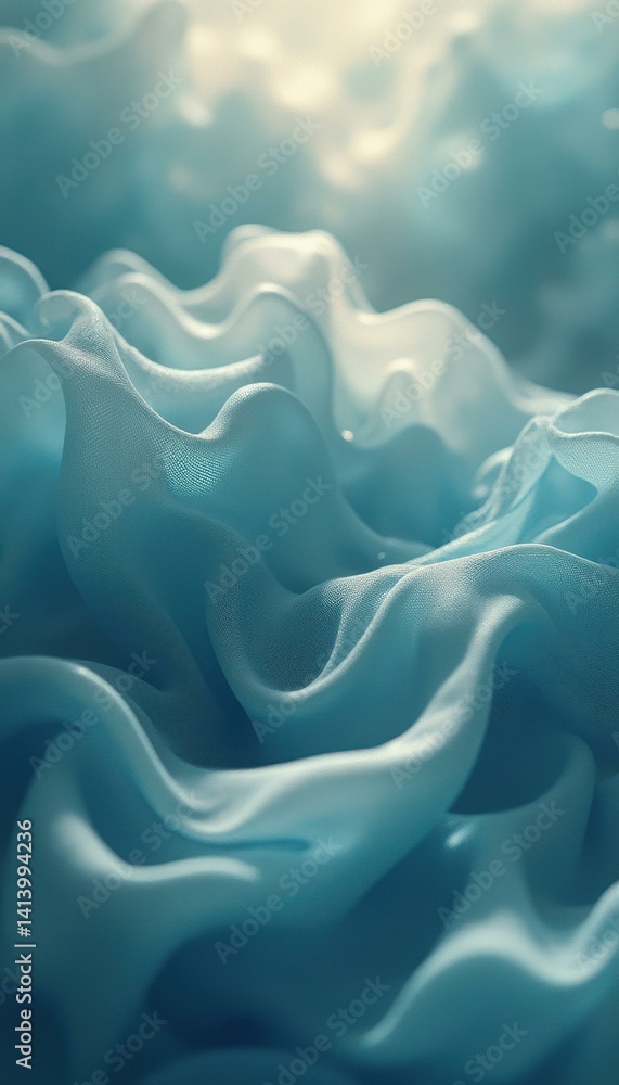 Poster flowing waves of soft blue fabric with ethereal light - abstract textile art