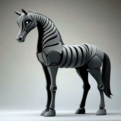 Obraz premium Elegant mechanical horse with metallic finish and glowing eyes standing on a white background for creative projects