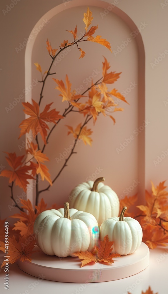Aufkleber elegant autumn display with white pumpkins and fall foliage against a neutral backdrop, creating a s