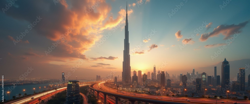 Poster a stunning futuristic cityscape glows at dusk with a towering skyscraper and flowing traffic, creati