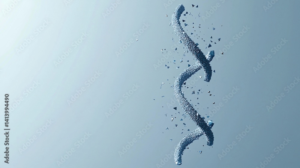 Poster a spiraling structure made of particles breaks apart against a soft blue background, evoking themes 