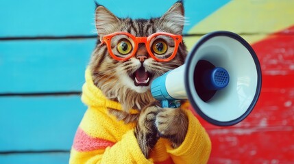 This fluffy, charming cat in a funny costume holds a megaphone while wearing glasses.