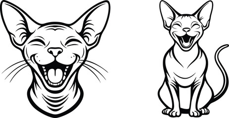 smiling cat line art vector icon set, happy cat head icon.