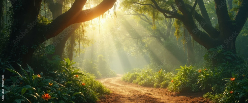 Poster Mystical jungle path illuminated by sunbeams shining through lush green trees and vegetation, creating a sense of wonder and adventure.