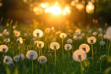 Sun-kissed dandelions and vibrant grass in tranquil meadow bathed in golden hour light for nature enthusiasts and outdoor lovers