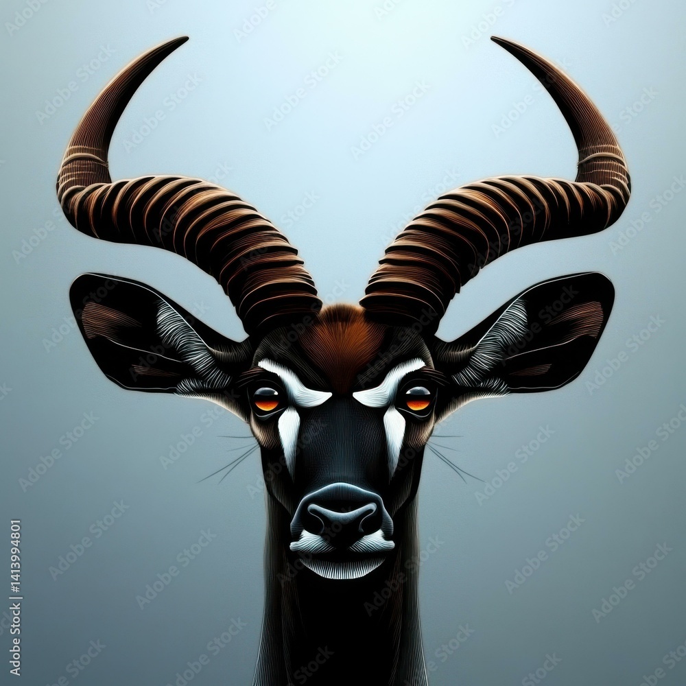 Poster striking portrait of a majestic kudu with intricate horns and piercing gaze against a calm backgroun