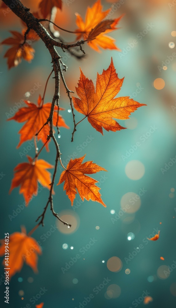 Poster autumn leaves on branch against a teal background with bokeh and gentle falling leaves