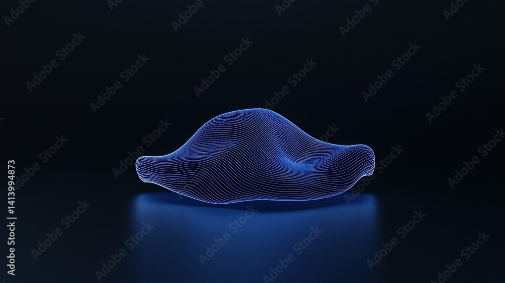 Poster a glowing, abstract sculpture with flowing lines and a blue hue, set against a dark background, crea