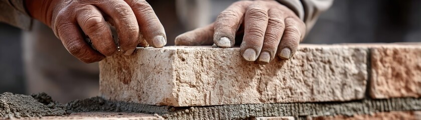 Close-up of a bricklayer's hands expertly placing a brick, showcasing precise craftsmanship - expertise trowel expert