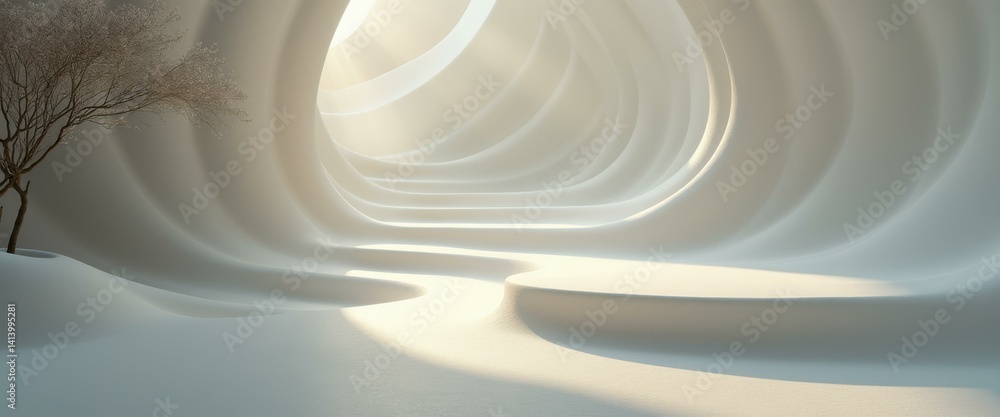 Fototapete minimalist abstract structure with a winding cave and a single tree in a soft, neutral tone for medi