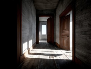Intense sunlight pours through a wide open door, casting sharp shadows - beams silhouette inside