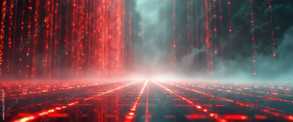 Leinwandbilder Abstract futuristic technology landscape with glowing red grid and falling light particles, creating an immersive digital environment