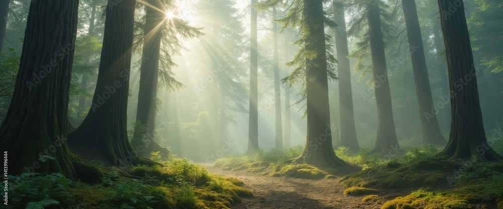 Poster sunlight streams through the tall trees in a serene forest, illuminating a mossy path, evoking a sen