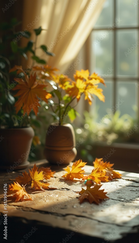 Poster autumn sunlight: maple leaves on rustic table with potted plants and soft window light