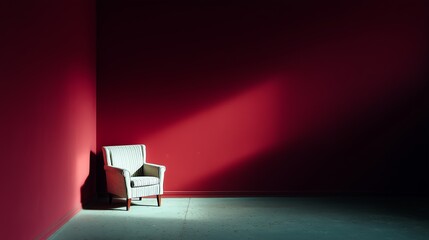 Elegant armchair illuminated by natural light against a deep red wall, creating a minimalist and dramatic visual composition.
