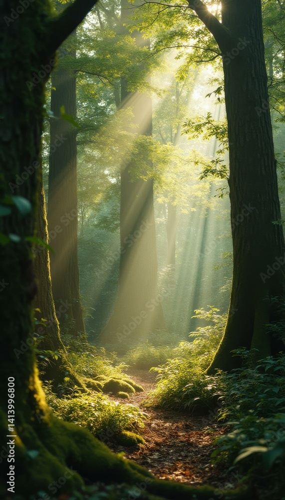 Poster sunlit path through tranquil forest: serene morning atmosphere with green foliage and ethereal light