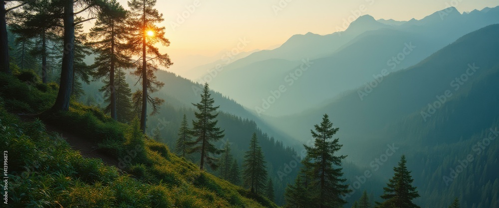 Aufkleber majestic sunlight through towering evergreen trees overlooking a serene mountain range