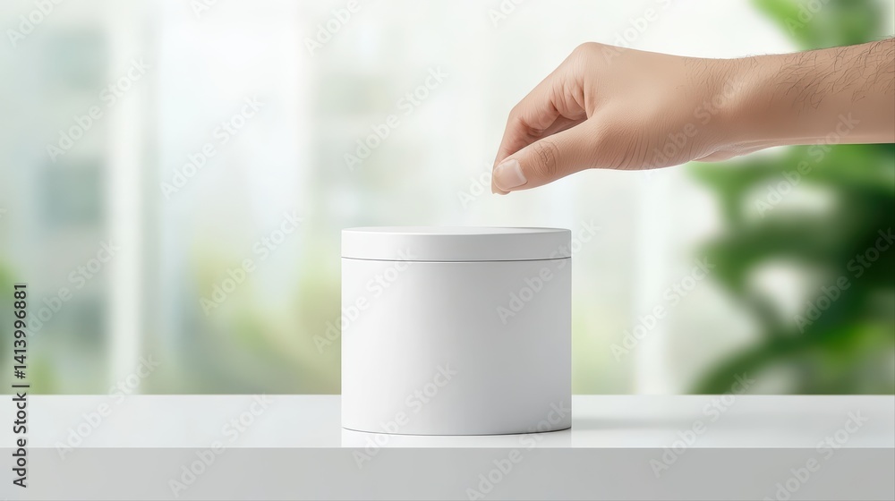 Poster hand placing object into white round container on minimalist surface