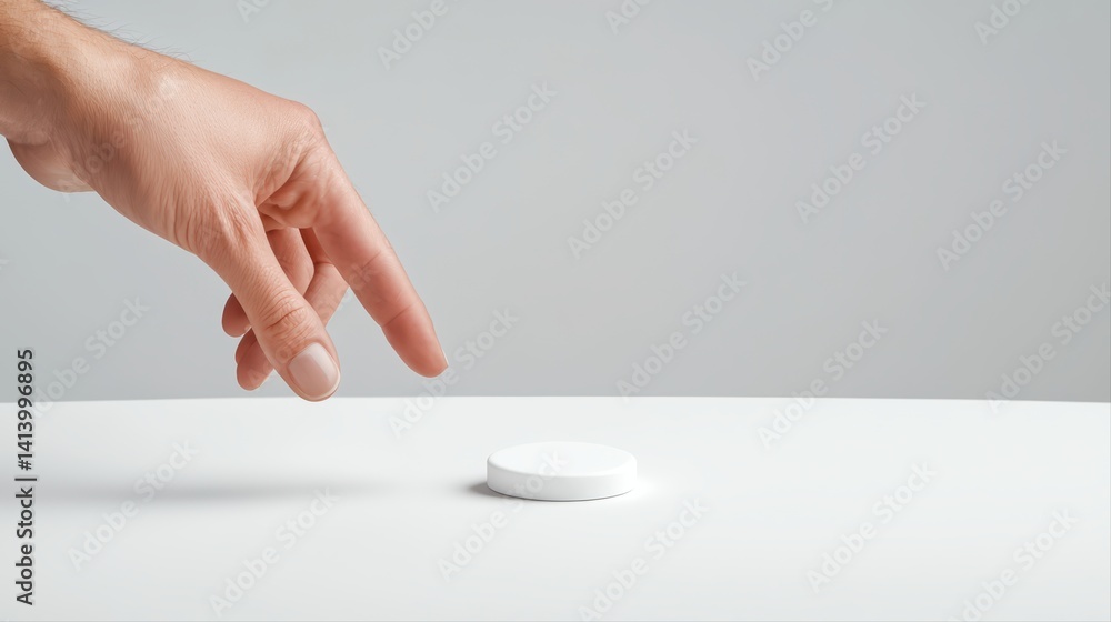 Poster hand reaching for simple round object on minimalist white surface