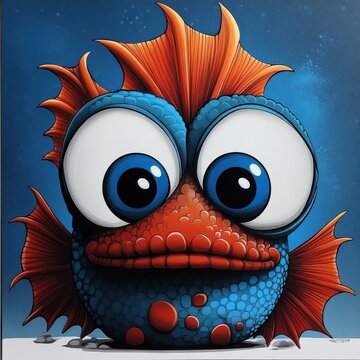 Cartoon garpike with expressive eyes standing on a white surface, detailed scales and fins on a blue background