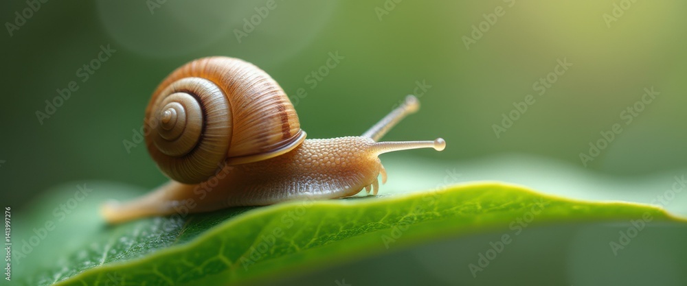 Poster macro photograph of a snail gracefully crawling across a vibrant green leaf, its shell a swirl of ta