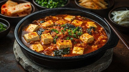 Bubbling kimchi jjigae with tofu, pork, and banchan served at rustic table setting