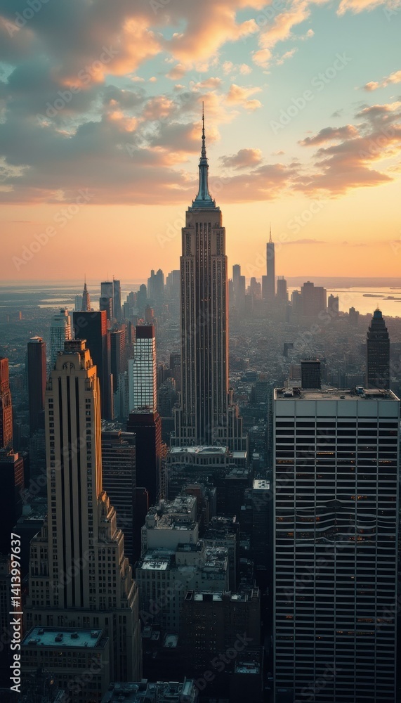 Aufkleber aerial view of tall buildings at dusk, showcasing the architecture and vibrant skyline.