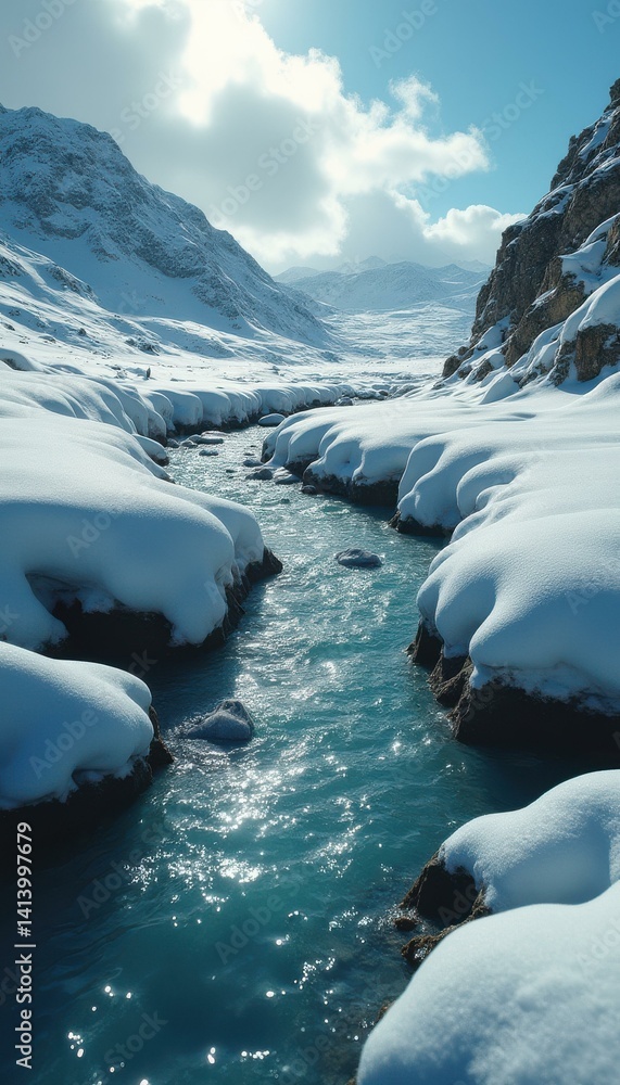 Aufkleber river runs through a snow-covered valley on a sunny day with sparkling reflections