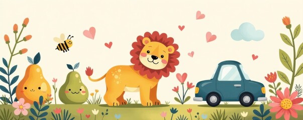 Fototapeta premium Cute bohemian lion, pear, bee, car & rainbow nursery print, cartoon, rainbow